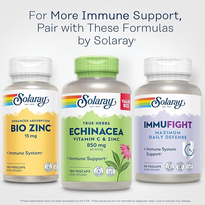 SOLARAY Echinacea with Vitamin C & Zinc – Immune Support Supplement – Echinacea Capsules with Vitamin C 500 mg Plus Bioflavonoids, Vegan, 60-Day Guarantee, 90 Servings, 180 VegCaps