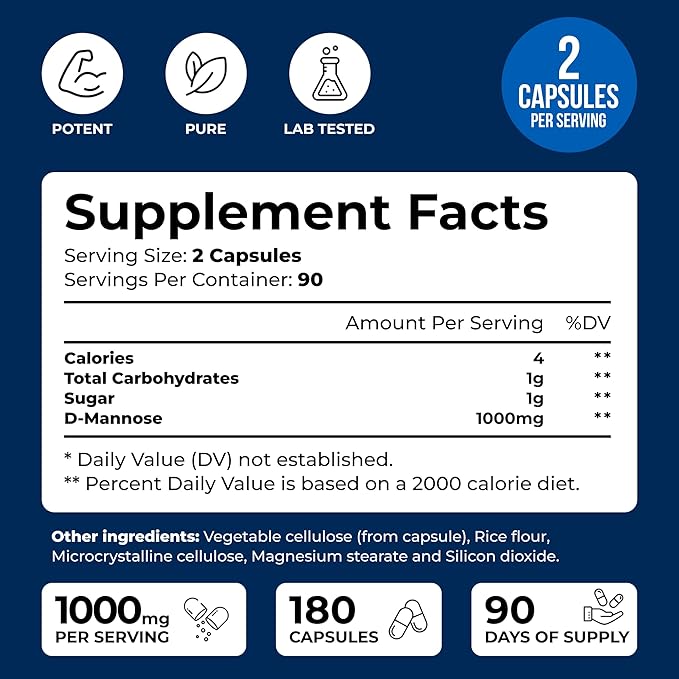 We Like Vitamins D-Mannose 1000mg Capsules - 180 Easy to Swallow Veggie Capsules - Cranberry D Mannose Supplement Helps Support Bladder and Urinary Tract Health