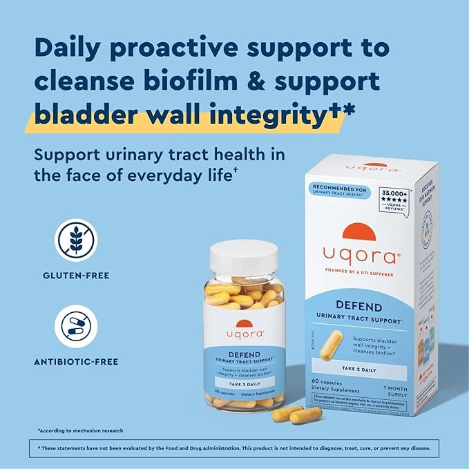 Uqora Defend - Urinary Tract Health Supplement - Support Bladder Health & Cleanse Biofilm* with D-Mannose, Green Tea Extract, Turmeric Extract & More - Gluten-Free - 60 Capsules (30-Day Supply)
