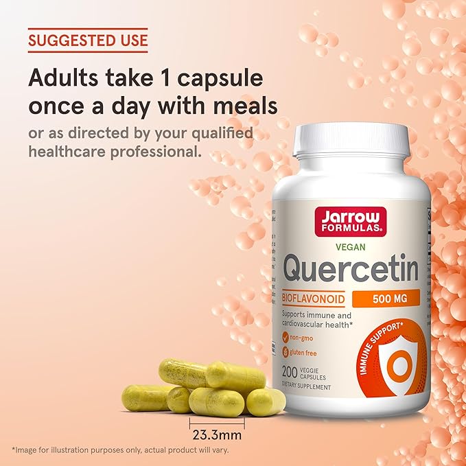Jarrow Formulas Quercetin 500mg Capsules - 200 Veggie Caps - Supports Antioxidant Status, Cardiovascular Health & Immune Health - 200 Servings