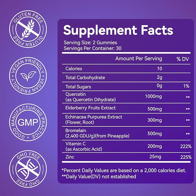 2 Pack Quercetin Gummies, 1000mg Quercetin with Bromelain Zinc Elderberry, Immune & Antioxidant Support, Vegan Gummies for Adults & Kids, 120 Count