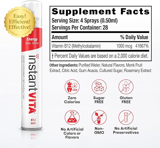 instantvita Energy Supplement – Vitamin B12 1000 mcg Oral Spray for Faster Absorption, 1-Month Supply, Mint Flavor, 0.47 Fl Oz