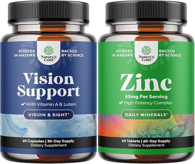 Bundle of Eye Health Supplement for Adults - Lutein 20mg Per Serving for Vision Dry Eyes and Blue Light Protection with Beta Carotene and Zinc 50mg Immune Support to Enhance Hair Skin and Nails