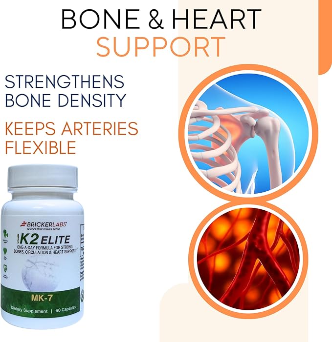 Bricker Labs K2 Elite Vitamin K2 MK-7 Supplement 160mcg, Supports Bone & Heart Health, Calcium Absorption & Circulation – Non-GMO – 60 Capsules