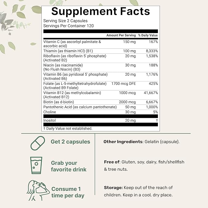 Micro Ingredients 2 Pack Pure Methylated B Complex, 480 Capsules | 11-in-1 Formula with B12, Thiamin, Folate, Inositol, Choline, & Vitamin C | Filler Free | Non-GMO