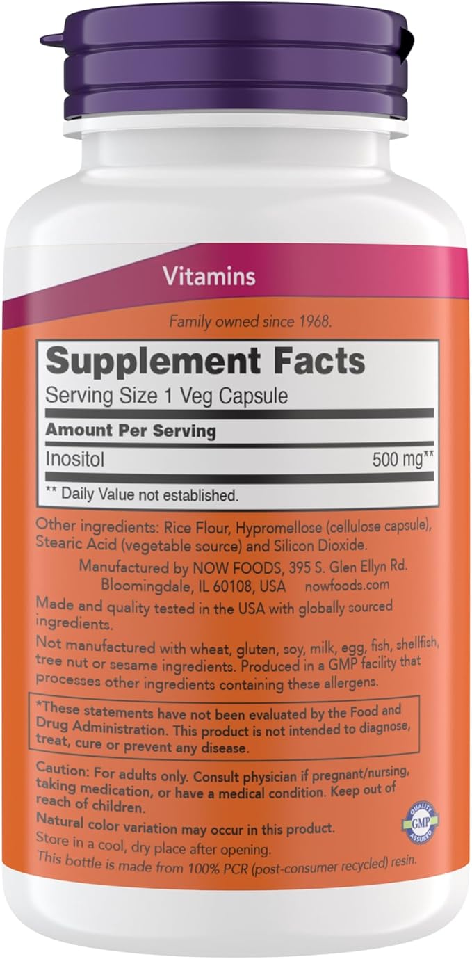 NOW Foods Inositol 500 mg, Superior Myo Inositol Form, for Healthy Membrane Function*, Cellular Health*, Support for Women* Kosher, Suitable for Vegans - 200 Vegetarian Capsules (Pack of 1)