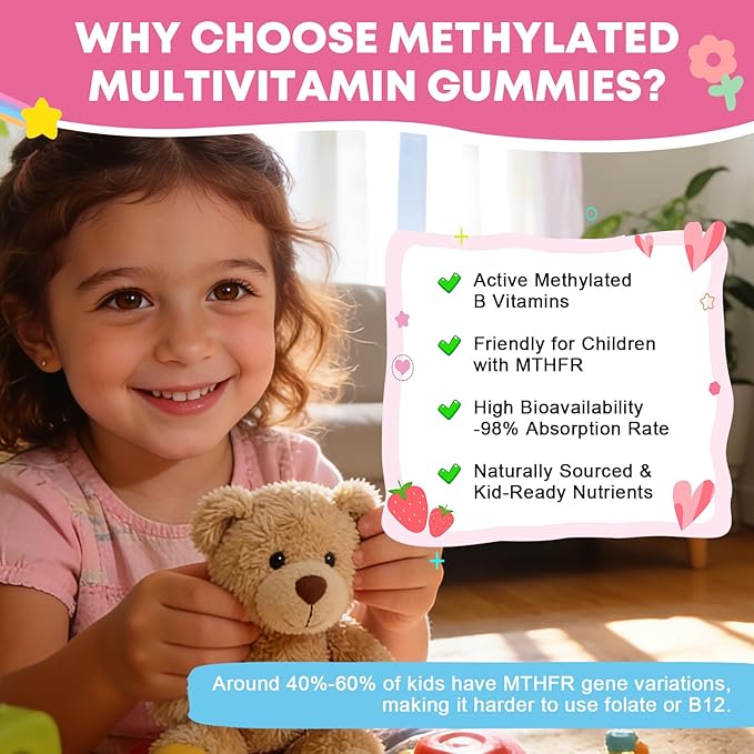 Kids Multivitamin Gummies with Omega-3 (Dha+Epa), Methylated B12 & Folate, B6, B2 & Elderberry, Vitamin D3, C, A, E, Zinc, Postbiotics, Choline | for Brain, Eye & Immune, Clean, Sugar Free, 60 Cts