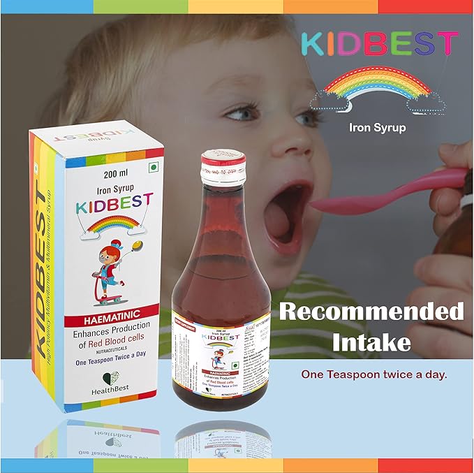 HealthBest Kidbest Iron (Haematinic) Syrup, Zinc, Folic Acid, 200 ML (Pack of 2)