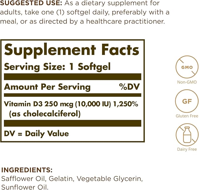 Solgar - Vitamin D3 (Cholecalciferol) 10,000 IU Softgels, 120 Count (3 Pack) - Supports Bone, Muscle and Immune System