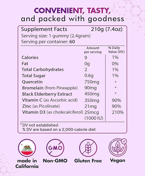 (2 Pack) Quercetin Gummies by BioVitalica - Quercetin with Bromelain Vitamin C and Zinc & Elderberry + Vitamin D3-5 in 1 Immune Support - Zinc Quercetin 750 mg for Kids and Adults
