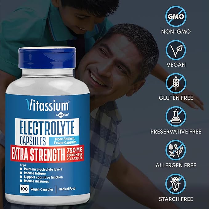 Vitassium Extra Strength Electrolyte Capsules, 750mg of Sodium for The Management of POTS and High Sodium Diets, Unflavored, 100 Salt Pills (Size 00)