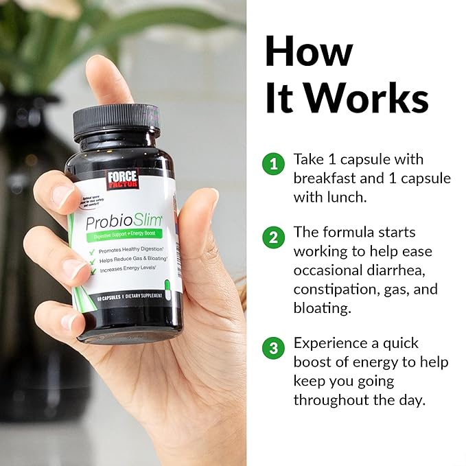 ProbioSlim, 2-Pack, Probiotic Supplement for Women and Men with Probiotics and Green Tea Extract, Reduce Gas, Bloating, Constipation, Support Digestive Health & Gut Health, Force Factor, 60 Capsules