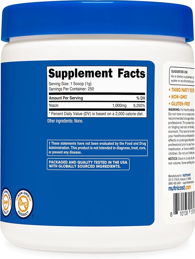 Nutricost Niacin Vitamin B3 Powder 250 Grams - 1G Per Serving - Vitamin B3 (Niacin) Powder - May Cause Flush