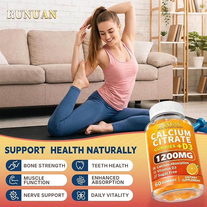 (2 Pack) Calcium Citrate 1200mg Gummies with Vitamin D3 for Women Men - High Absorption Calcium Gummies Supplements for Bone Teeth Muscle Healthy, Sugar Free, Vegan, Non-GMO, Orange Flavor, 120 Count