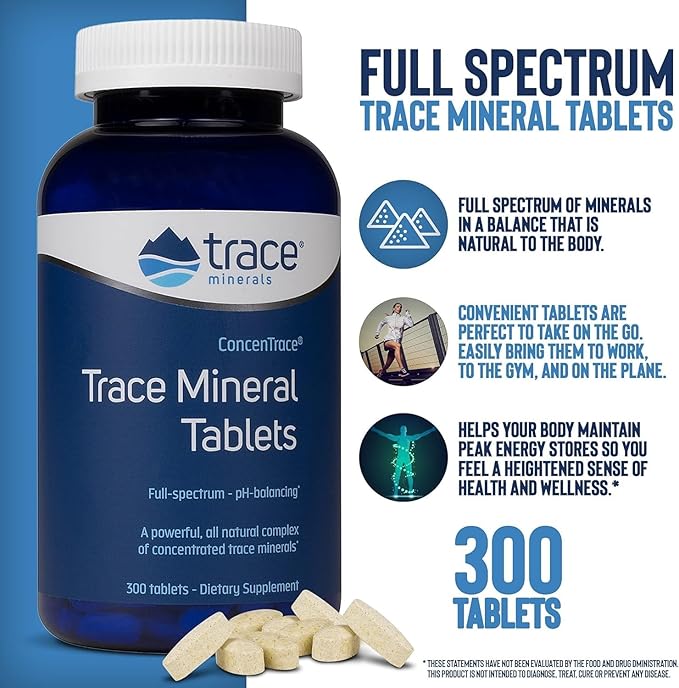Trace Minerals ConcenTrace Trace Minerals Tablets - Daily Supplement for Overall Wellness - Natural Energy, Bone Strength, Healthy Connective Tissue & Immune System Support - 300 Count (100 Servings)