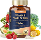 13-in-1 Vitamin B Complex Plus with Vitamin B1, B2, B3 (Niacin), B4, B5, B6, B7 (Biotin), B8 (Inositol), B9 (Folate), B12, C, D3, K2 for Energy, Nerve, Immune, Skin - 120 Caps per Bottle - 2 Bottles