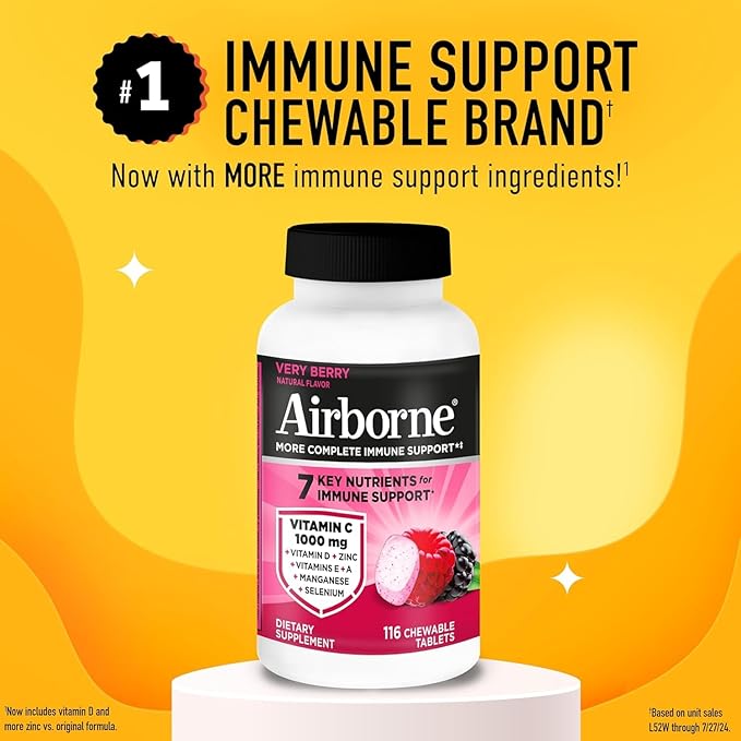 Airborne 1000mg Vitamin C + Zinc Immune Support Supplement Chewable Tablets Powerful Antioxidants Vitamins A C & E, 116 Chewable Tablets, Very Berry Flavor (2 Pack)