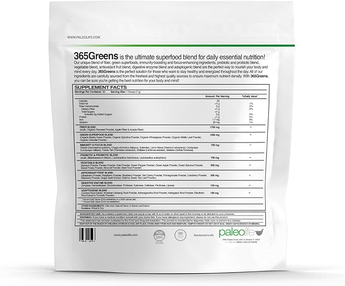 365Greens Daily Essential Premium Superfood with 75 Minerals, Vitamins, Vegetables, Fruits and adaptogens. Green 7.4 oz (3)