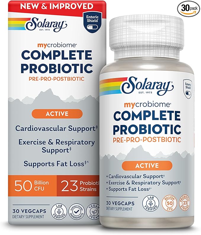 SOLARAY Mycrobiome Complete Probiotic Active - Pre and Probiotics for Women and Men Plus Postbiotic - 50 Billion CFU, 23 Strains - Vegan, Clinically Studied Ingredients - 30 Servings, 30 VegCaps