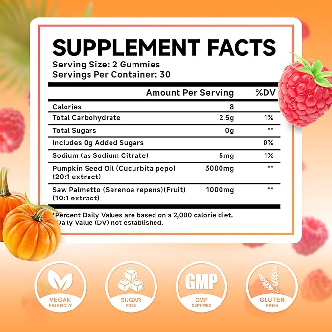 Pumpkin Seed Oil Gummies with Saw Palmetto, Pumpkin Seed Oil for Hair and Skin Health, Pumpkin Seed Extract for Women Men, Sugar-Free, Raspberry Flavor, 60 Count