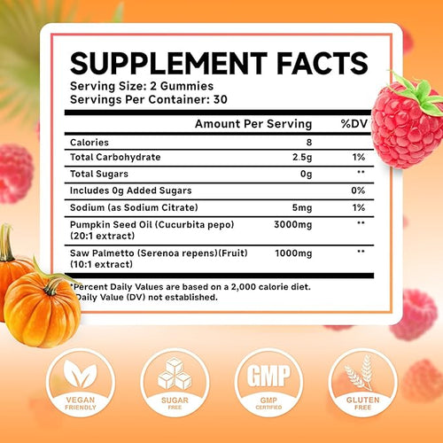 2 Pack Pumpkin Seed Oil Gummies with Saw Palmetto, Pumpkin Seed Oil for Hair and Skin Health, Pumpkin Seed Extract for Women Men, Sugar-Free, Raspberry Flavor, 120 Count