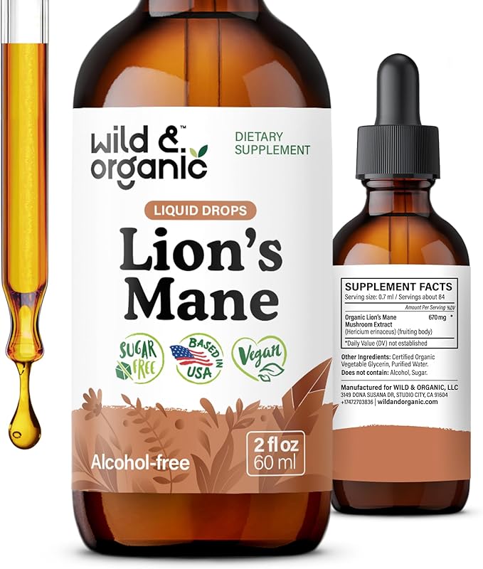 Wild & Organic Lions Mane Liquid Drops - Focus & Brain Support - Lions Mane Supplement - Hericium Erinaceus Mushroom Extract Tincture - Mix with Powder & Add to Tea - Alcohol & Sugar-Free - 2 fl oz