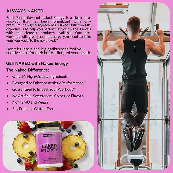 NAKED Fruit Punch Energy - Clean Pre Workout Supplement for Men and Women, NSF Certified, Vegan Friendly, No Added Sweeteners, Colors Or Flavors - 30 Servings