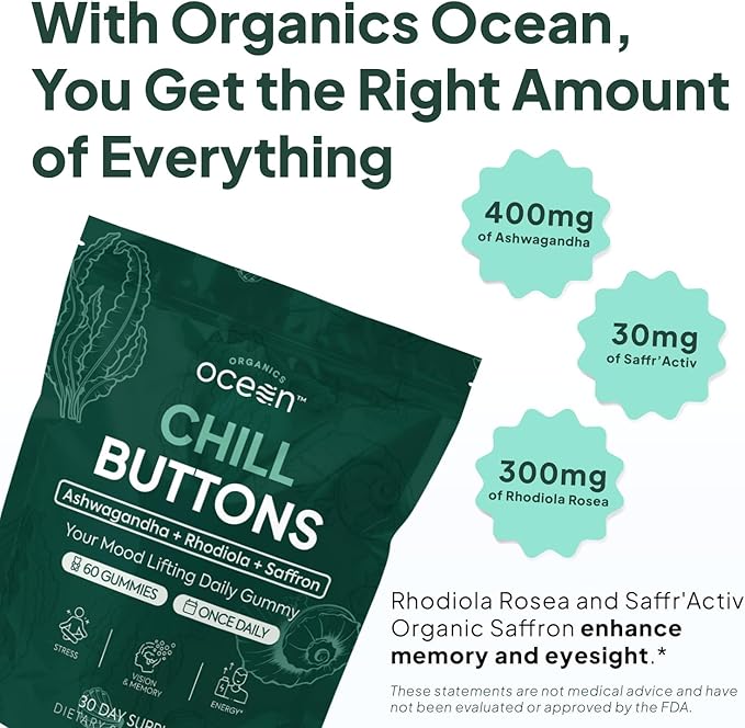 Organics Ocean Chill Buttons – Natural Ashwagandha Gummy Supplement with Organic KSM-66, Saffron & Rhodiola Rosea – Supports Relaxation, Mood, Focus & Energy - 3-Pack, 180 Count