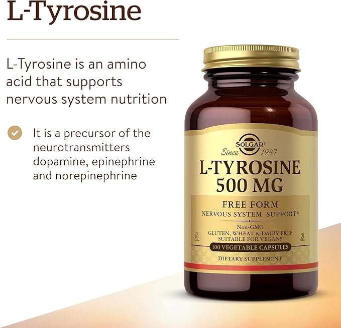 Solgar L-Tyrosine 500 mg, 100 Vegetable Capsules - Brain & Nervous System Support - Vegan, Gluten Free, Dairy Free, Kosher - 100 Servings,Standard Packaging