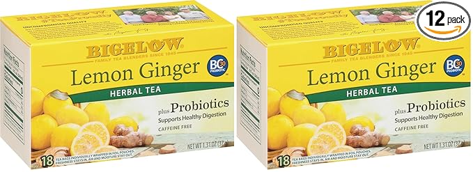 Bigelow Tea Lemon Ginger plus Probiotics Herbal Tea, Caffeine Free Tea with Lemon and Ginger, 18 Count Box (Pack of 12), 108 Total Tea Bags