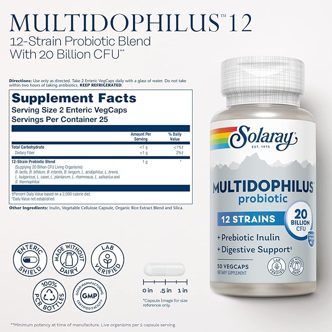 SOLARAY Multidophilus 12 Strain Probiotic 20 Billion CFU, Probiotics for Digestive Health and Gut Health Support w/Prebiotic Inulin, Made Without Dairy, 60 Day Guarantee, 25 Serv, 50 Enteric VegCaps