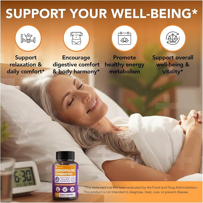 Complete Menopause Support Supplement for Women | Menopause Synbiotic with Black Cohosh, Dong Quai, Rhubarb Root | Helps Easing Hot Flashes, Night Sweats, Restful Sleep | 60 Capsules (Pack of 3)