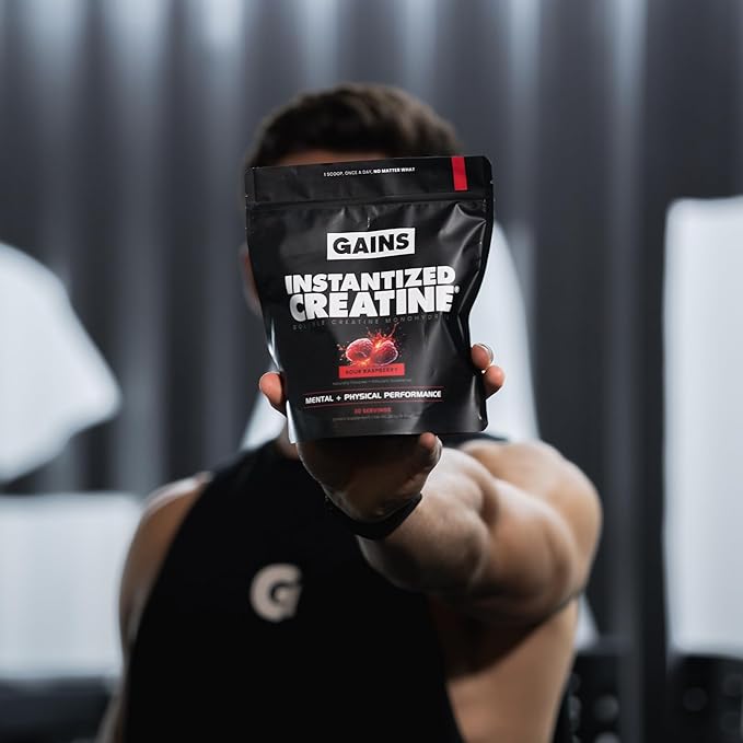 Gains in Bulk Instantized Creatine Monohydrate for Men & Women, Soluble Pre Workout Powder, Supports Muscle Building, Strength and Performance, Bodybuilding Supplements, Sour Raspberry, 30 Servings