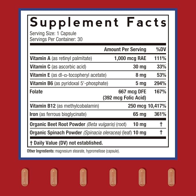 Doctor's Recipes Iron Supplement for Women, 65 mg Iron Bisglycinate, w/Vitamins C, B6, Folic Acid & B12, Beet Root & Spinach, Energy Production & Blood Health, Stomach Friendly, 30 Vegan Capsules