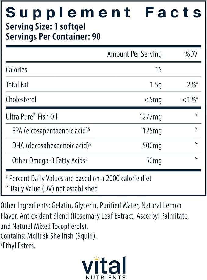 Vital Nutrients Ultra Pure® Fish Oil 675 - Supports Brain Development & Function* - Sustainably Sourced High DHA Omega-3 Fatty Acid - Lemon Flavor - Gluten, Dairy & Soy Free - 90 Softgels