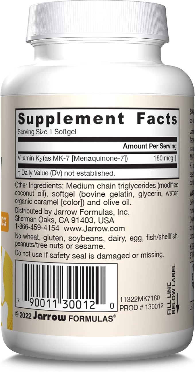 Jarrow Formulas MK-7 180 mcg - Bioactive Form of Vitamin K2-30 Servings (Softgels) - for Bone & Cardiovascular Health - Vitamin K2 MK-7 Dietary Supplement - Gluten-Free