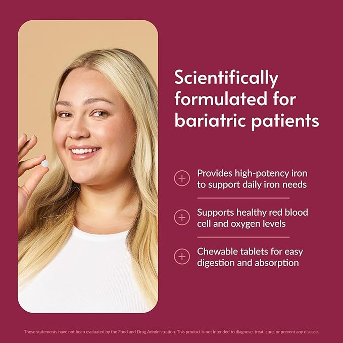 Bariatric Advantage Chewable Iron 60 mg with Vitamin C for Increased Absorption and Utilization, Easily Digestible for Gastric Bypass and Sleeve Gastrectomy Surgery Patients - Lemon Lime, 90 Count