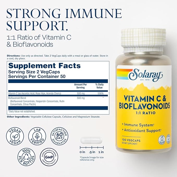 SOLARAY Vitamin C 500mg with Citrus Bioflavonoids, 1:1 Ratio - Antioxidant and Immune Support Supplement - Vitamin c with Rose HIPS and Acerola, Vegan, 60-Day Guarantee, 50 Servings, 100 VegCaps