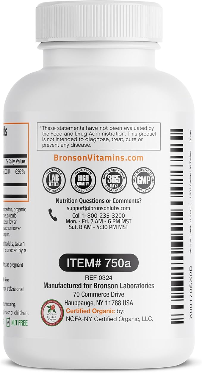 Bronson Vitamin D3 5000 IU Certified Organic Vitamin D Supplement, Non-GMO, USDA Certified, 90 Tablets
