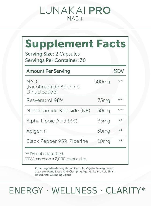 Lunakai PRO USA Made Dual-Pathway NAD+ Formula with NR & Resveratrol – Natural NAD Supplement for Women & Men – Healthy Aging & Cellular Health Support, 60ct