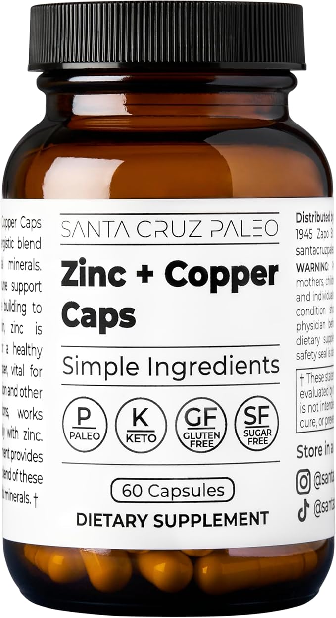 Santa Cruz Paleo, Zinc & Copper Mineral Supplement, High Absorption Formula, Zinc Supplement for Skin & Hair, L Methionine, Copper Gluconate, Trace Minerals, Gluten Free, Keto, Paleo, 60 Capsules
