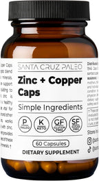 Santa Cruz Paleo, Zinc & Copper Mineral Supplement, High Absorption Formula, Zinc Supplement for Skin & Hair, L Methionine, Copper Gluconate, Trace Minerals, Gluten Free, Keto, Paleo, 60 Capsules