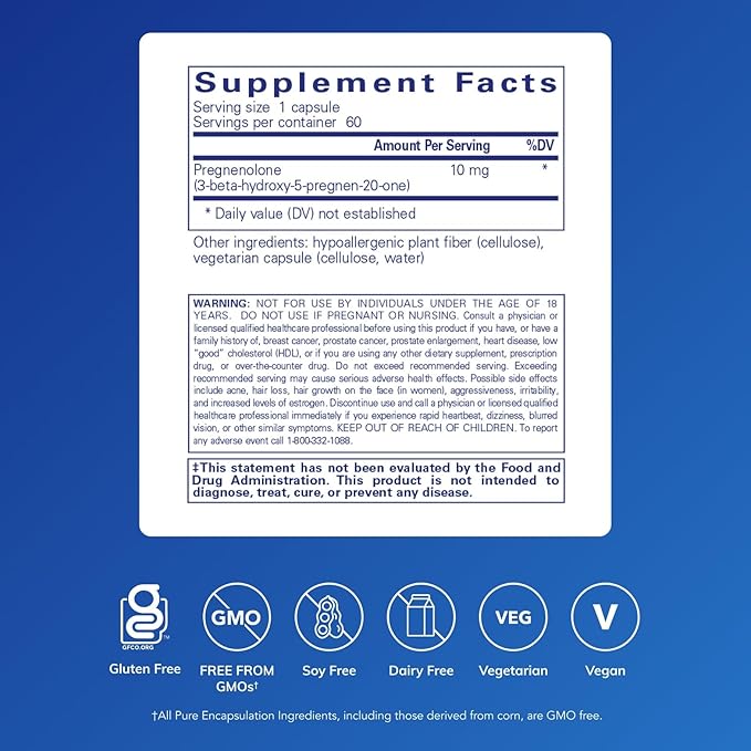Pure Encapsulations Pregnenolone 10 mg - Support Memory & Hormone Balance* - Hormone Precursor - Gluten Free & Non-GMO - 60 Capsules