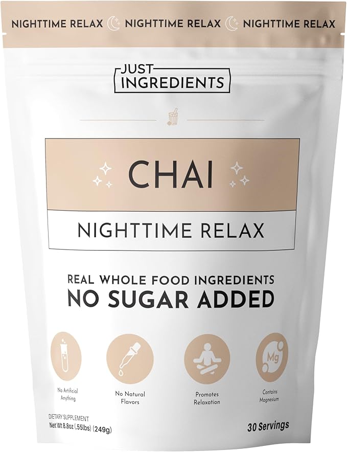 JUST INGREDIENTS Chai Nighttime Relax Drink Mix – 30 Servings | No Sugar Added | Magnesium, L-Theanine, Chamomile & Tart Cherry Extract | Supports Relaxation & Restful Evenings
