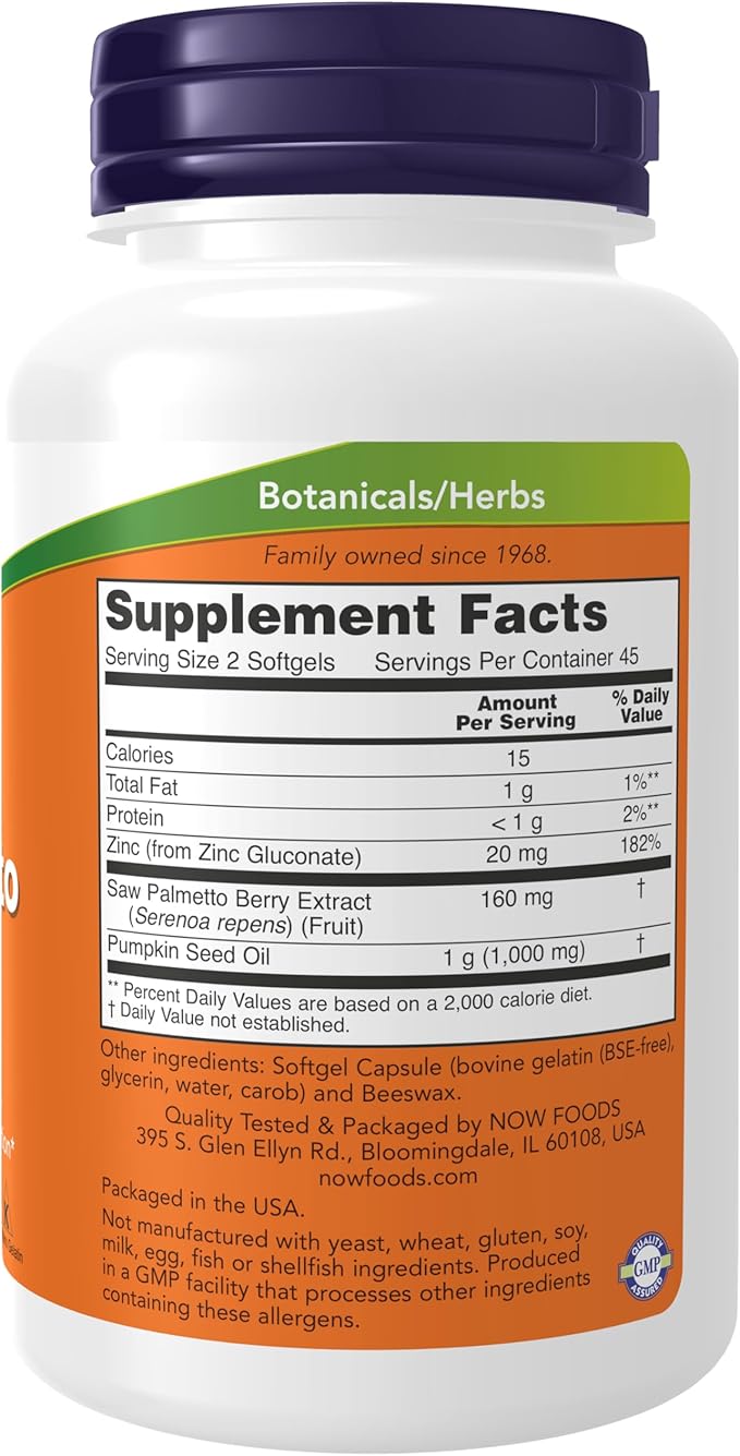 NOW Foods Supplements, Saw Palmetto Extract with Pumpkin Seed Oil and Zinc, Men's Health*, 90 Softgels, (Pack of 2)