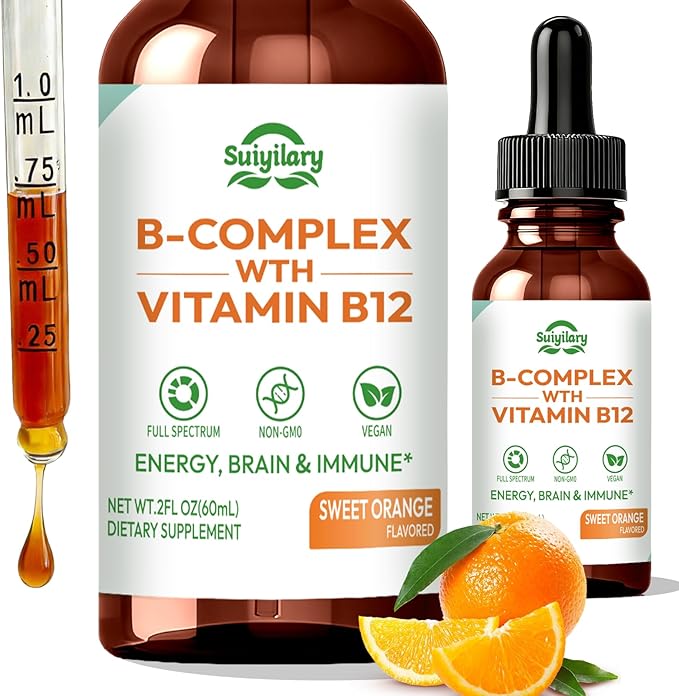 Vitamin B Complex Liquid Drops, B12 Methylcobalamin, B9 Folic, Vitamin C, Immune, Energy Metabolism, Brain & Heart Support, Orange Flavor, 60ml