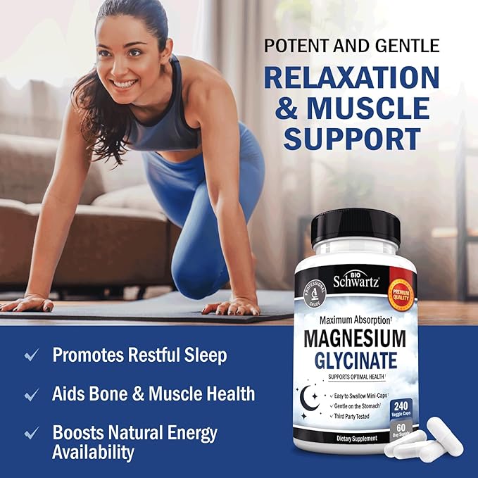 BioSchwartz Magnesium Glycinate 500mg Capsules (240 Mini Caps) Maximum Absorption Magnesium Supplement for Healthy Nerves Muscles Heart Mood and Sleep Support (Vegan, Gluten-Free, Non-GMO)