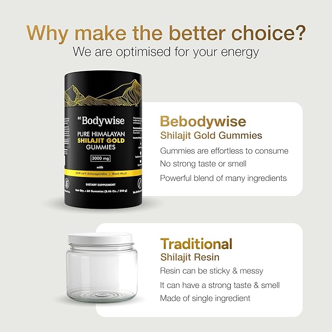 Be Bodywise Pure Himalayan Shilajit Gummies Gold I No Added Sugar I Ashwagandha, Gokshura| Fulvic Acid & 85+ Trace Minerals I for Men, Women I Non-GMO I 100% Natural & Organic I 120 Gummy I Pouch