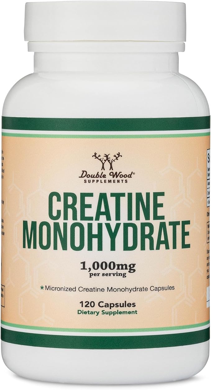 Creatine Monohydrate Capsules - 1g per Serving, 120 Count - No Fillers, Vegan Safe, Non-GMO, Gluten Free by Double Wood (Pack of 2)