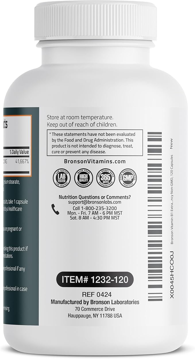 Bronson Vitamin B1 Extra Strength 500 MG High Potency Non-GMO, 120 Capsules